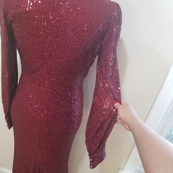FAERIESTY Sequin Maxi Dress Burgundy Size S. Elegant Burgundy Sequin Gown - Picture 12 of 16